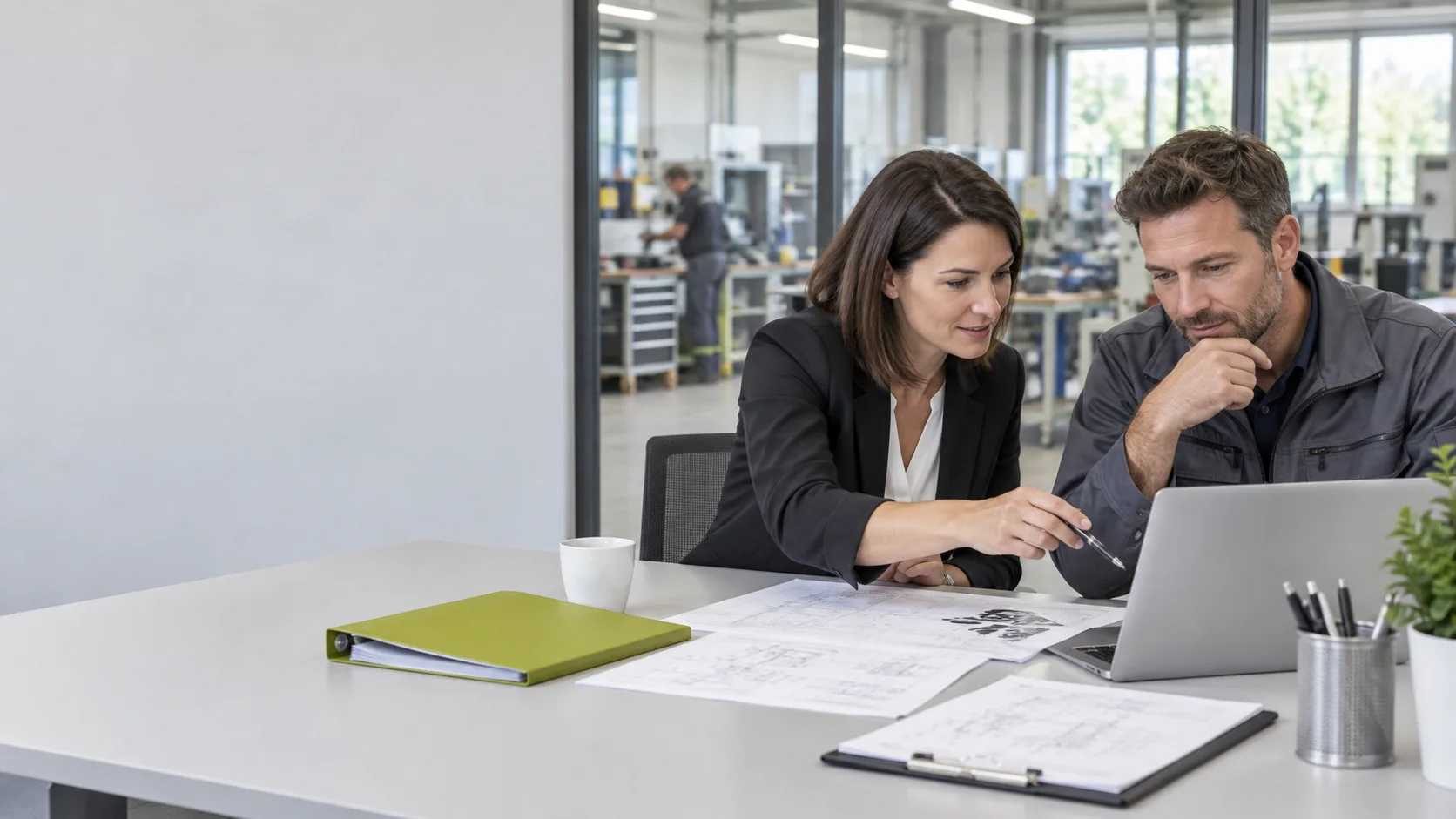 Illustration einer Beratung zu Arbeitsprozessen in einem technischen Unternehmen